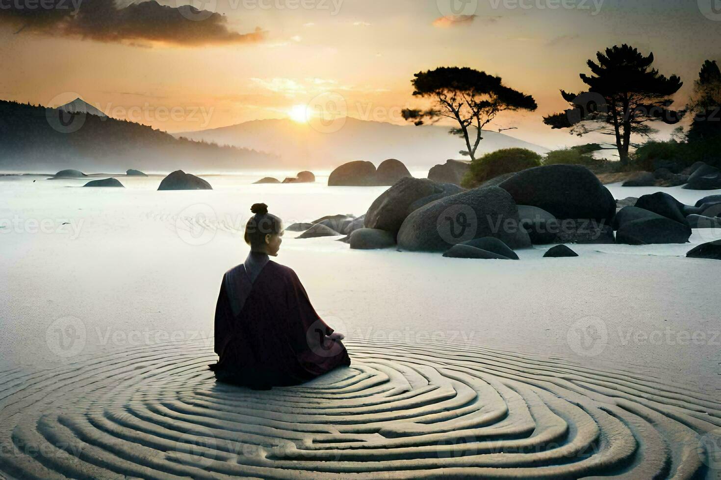 un' donna si siede nel il sabbia a il spiaggia con un' zen giardino nel il sfondo. ai-generato foto
