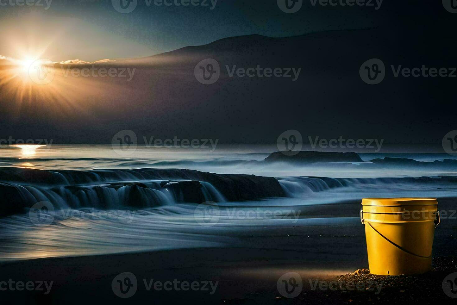 un' secchio si siede su il spiaggia a tramonto. ai-generato foto