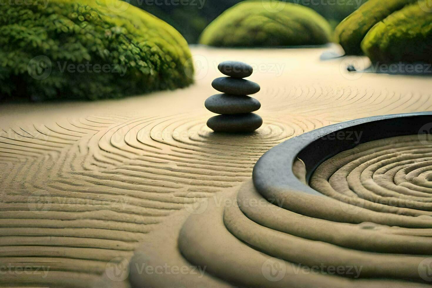 un' giapponese giardino con rocce e sabbia. ai-generato foto
