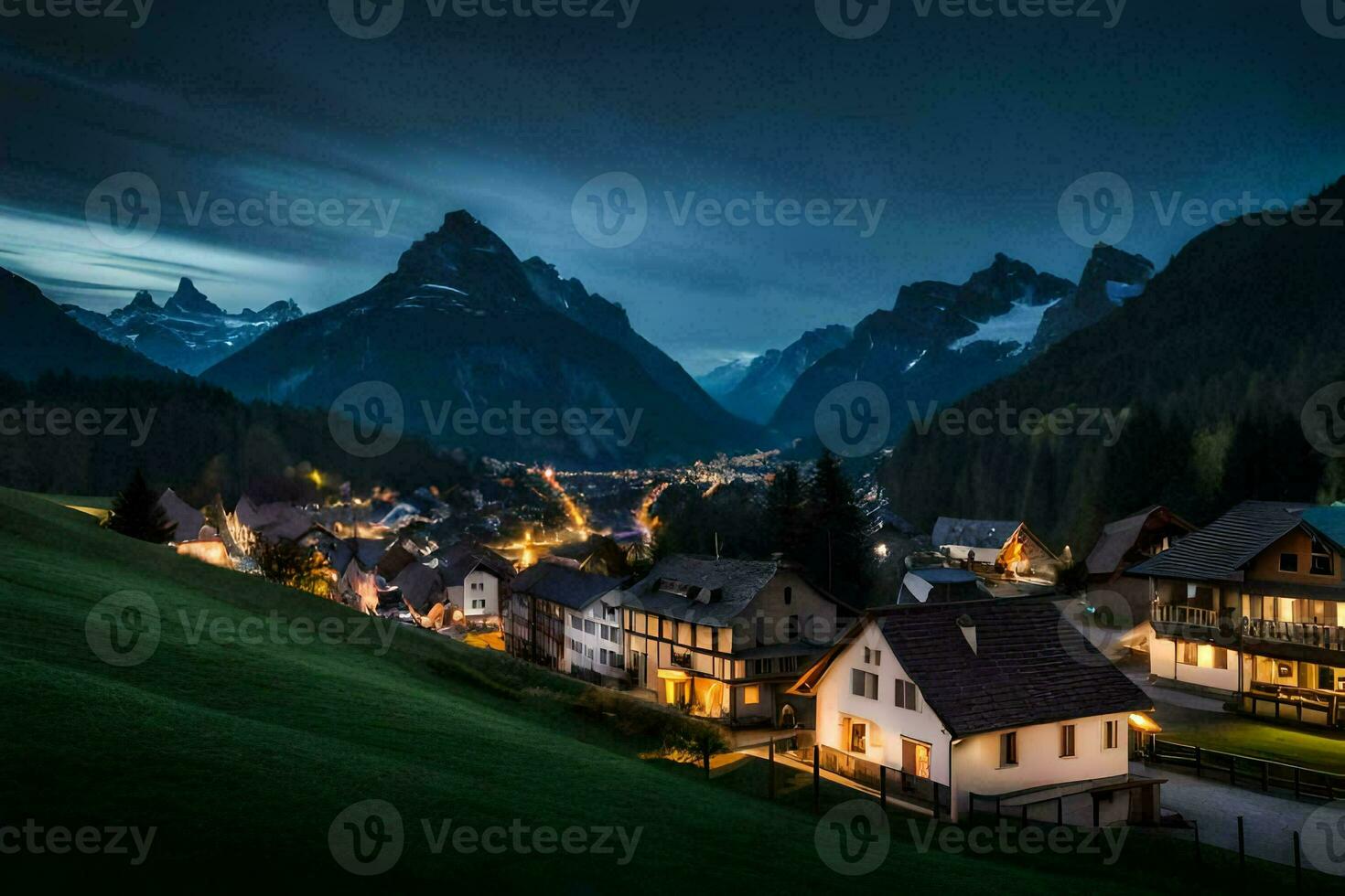 un' cittadina nel il montagne a notte. ai-generato foto