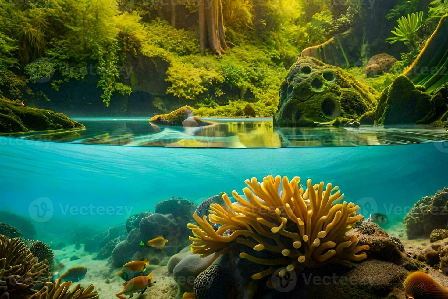 Due immagini di corallo barriere e acqua. ai-generato foto