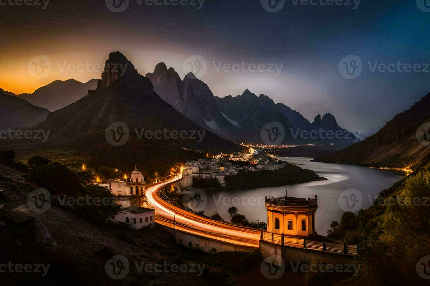 un' ponte al di sopra di un' lago e montagne a crepuscolo. ai-generato foto