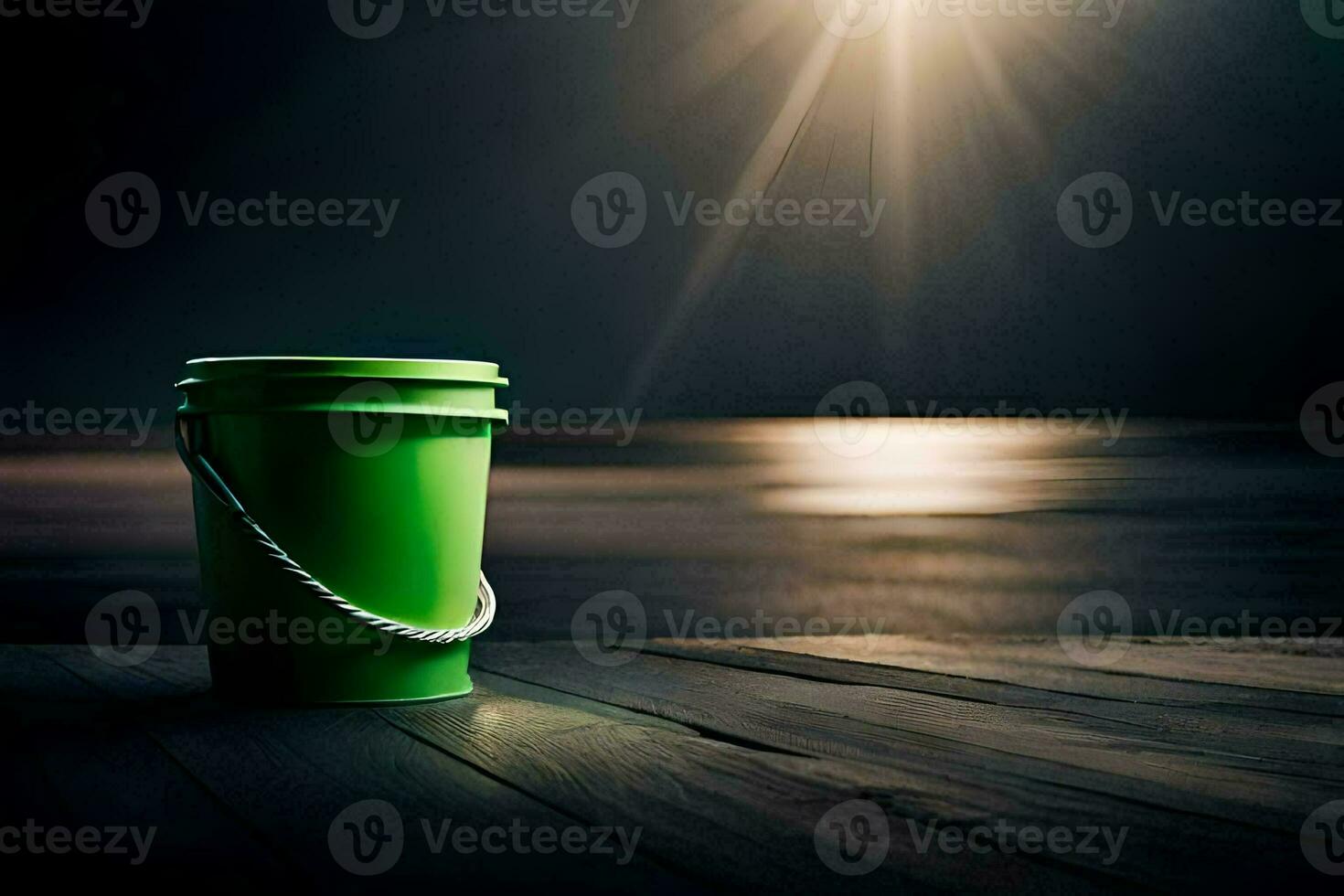 un' verde secchio seduta su un' di legno pavimento con il sole splendente nel il sfondo. ai-generato foto