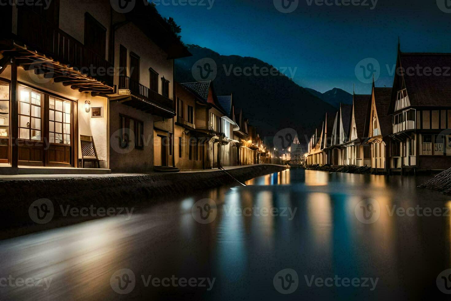 un' canale nel il mezzo di un' cittadina a notte. ai-generato foto