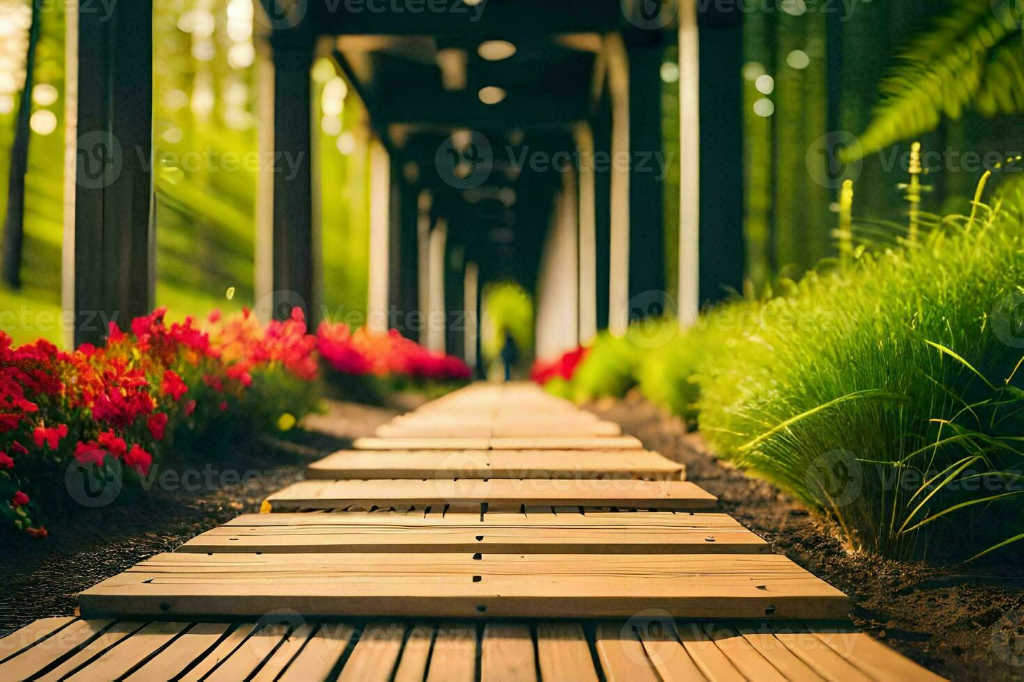 un' di legno passerella conduce per un' giardino con fiori. ai-generato foto