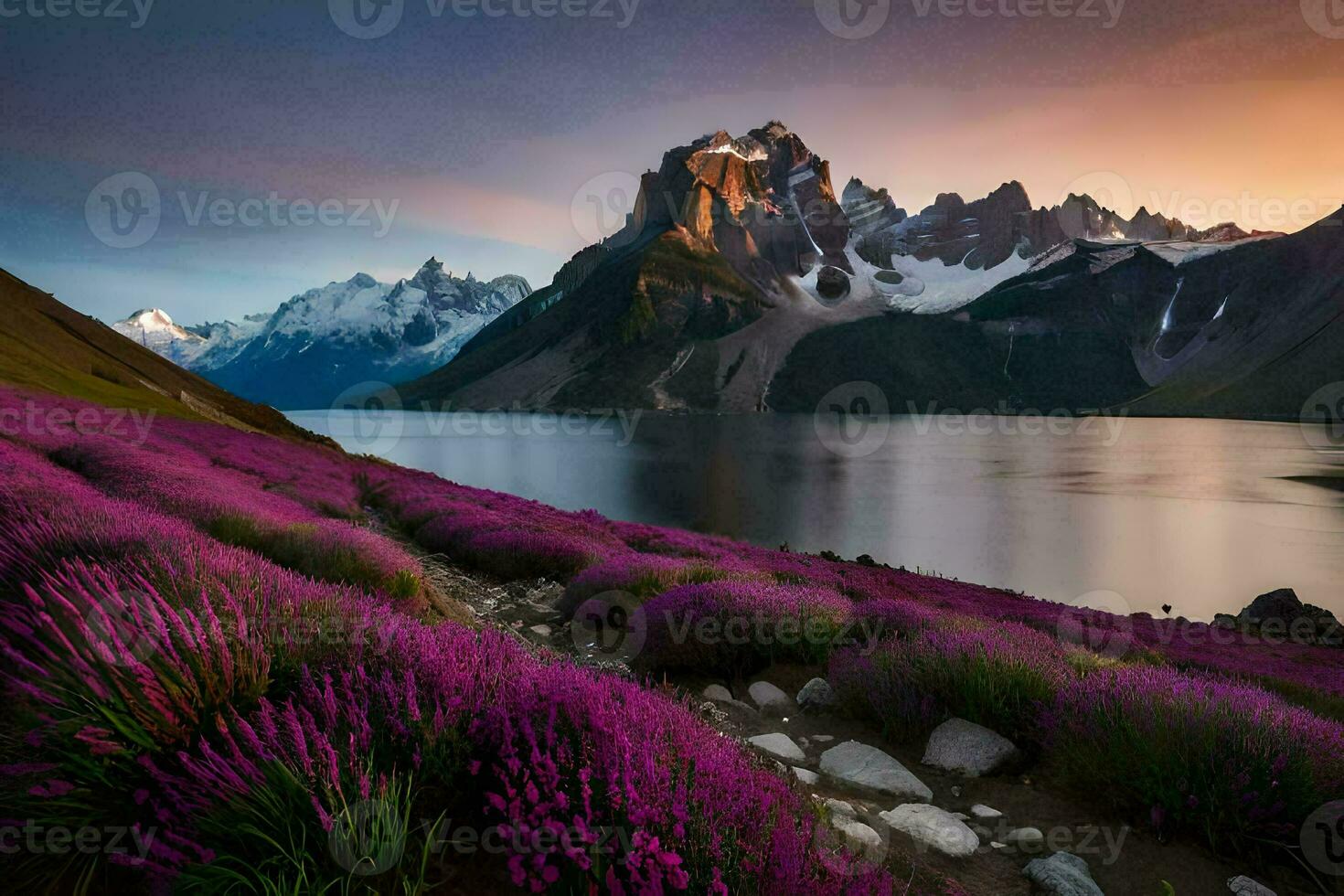 il montagne e lago nel il sfondo siamo viola fiori. ai-generato foto