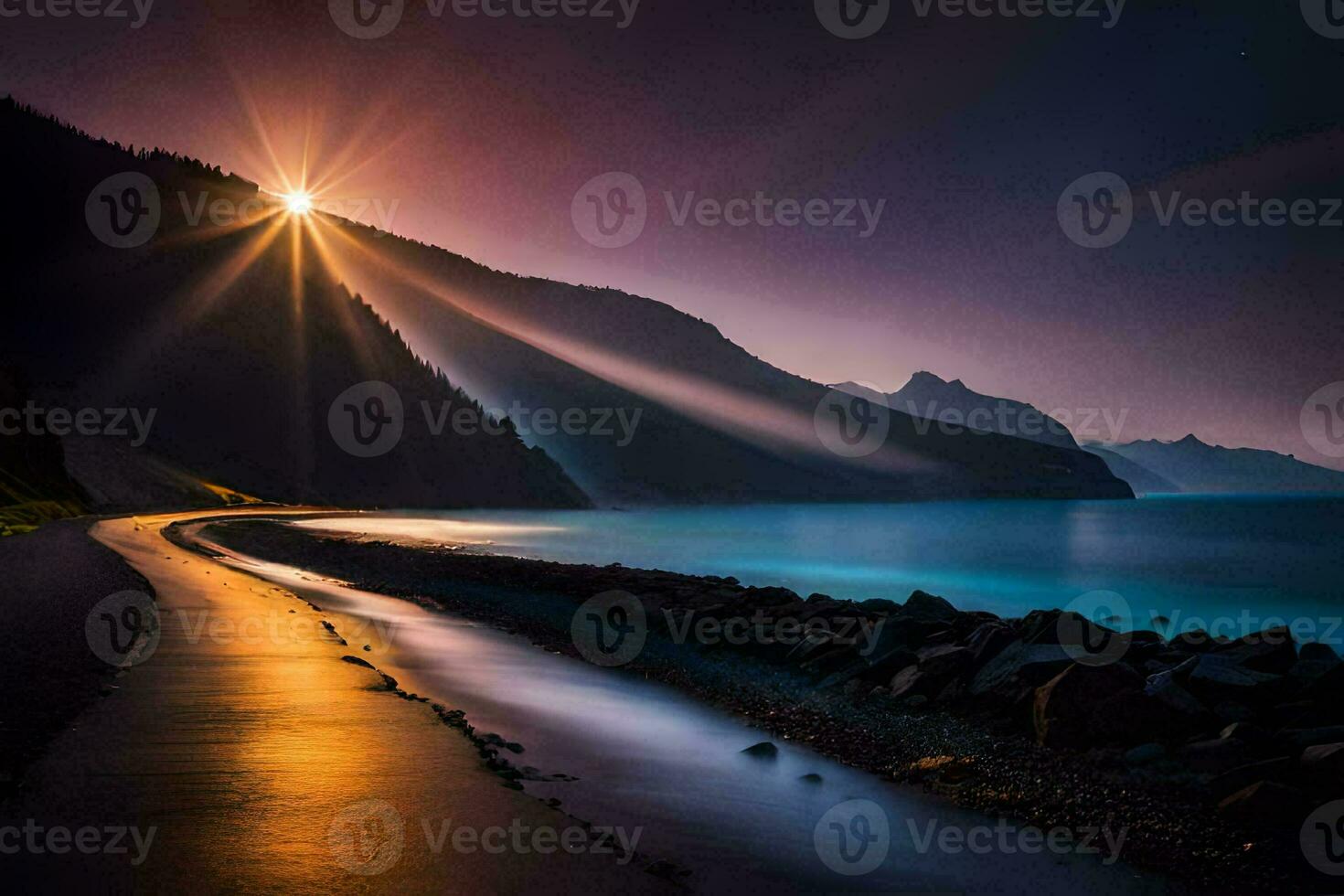 foto sfondo il cielo, montagne, il mare, il sole, il Luna, il leggero,. ai-generato