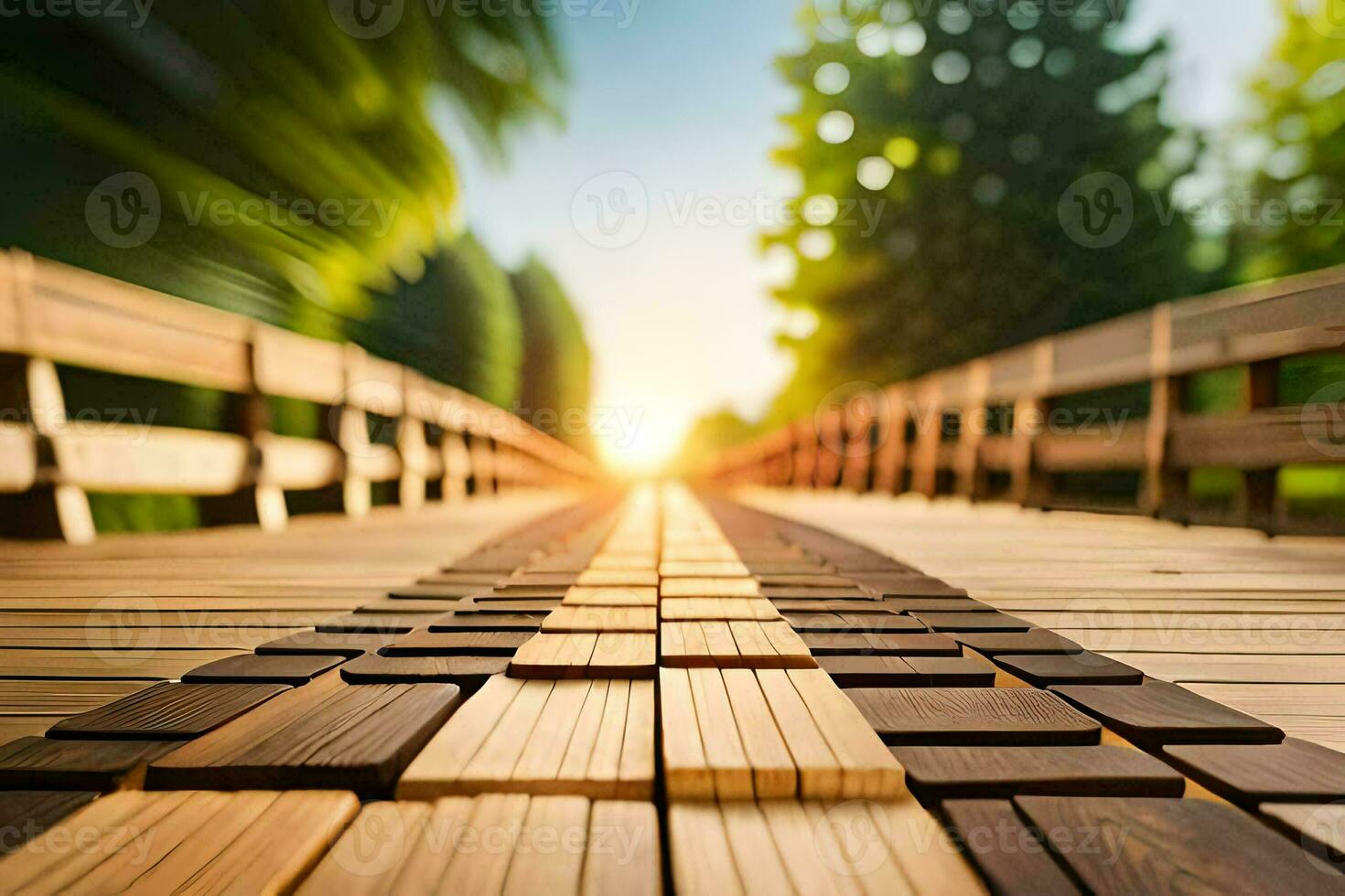 un' di legno ponte con un' sole ambientazione dietro a esso. ai-generato foto