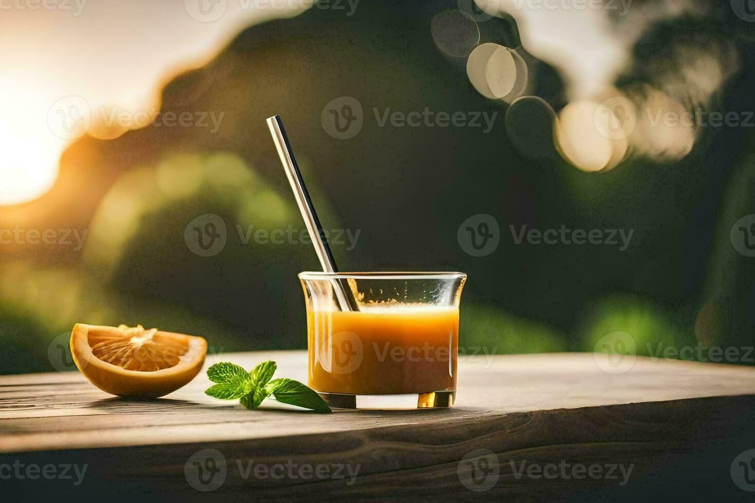 arancia succo nel un' bicchiere con un' cannuccia. ai-generato foto