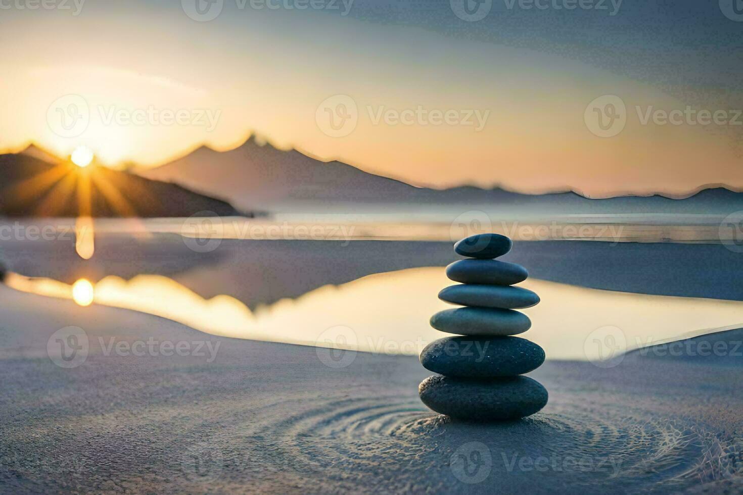 un' pila di pietre su il spiaggia a tramonto. ai-generato foto