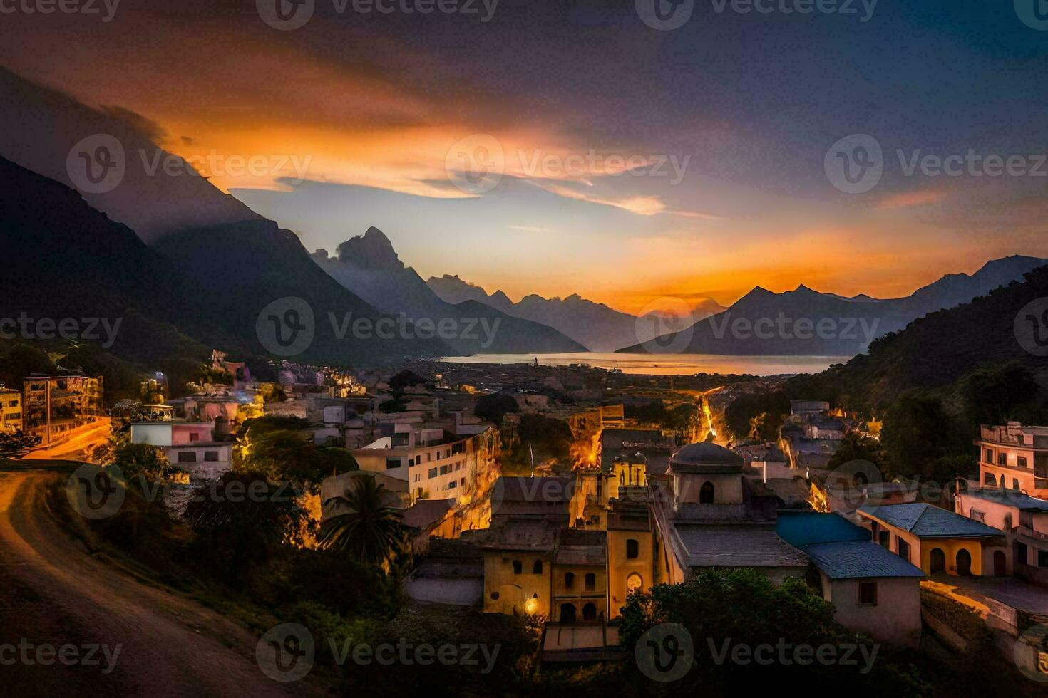 il tramonto al di sopra di un' cittadina nel il montagne. ai-generato foto