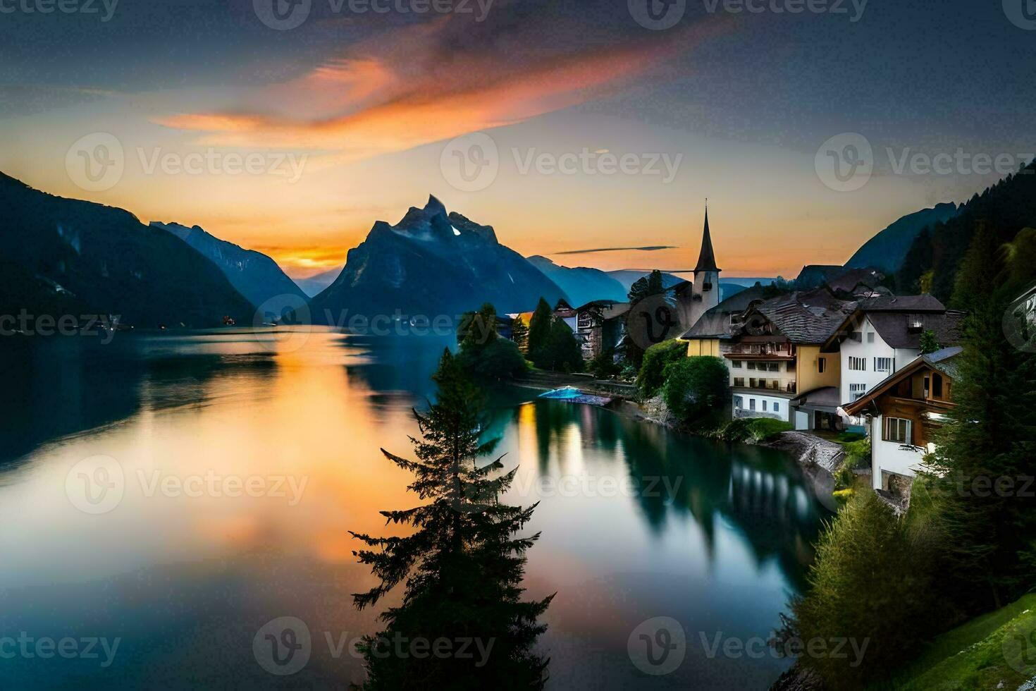 il sole imposta al di sopra di un' lago e montagne nel il sfondo. ai-generato foto