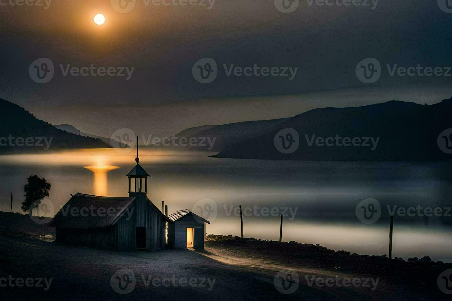 un' piccolo Chiesa si siede su il riva di un' lago. ai-generato foto