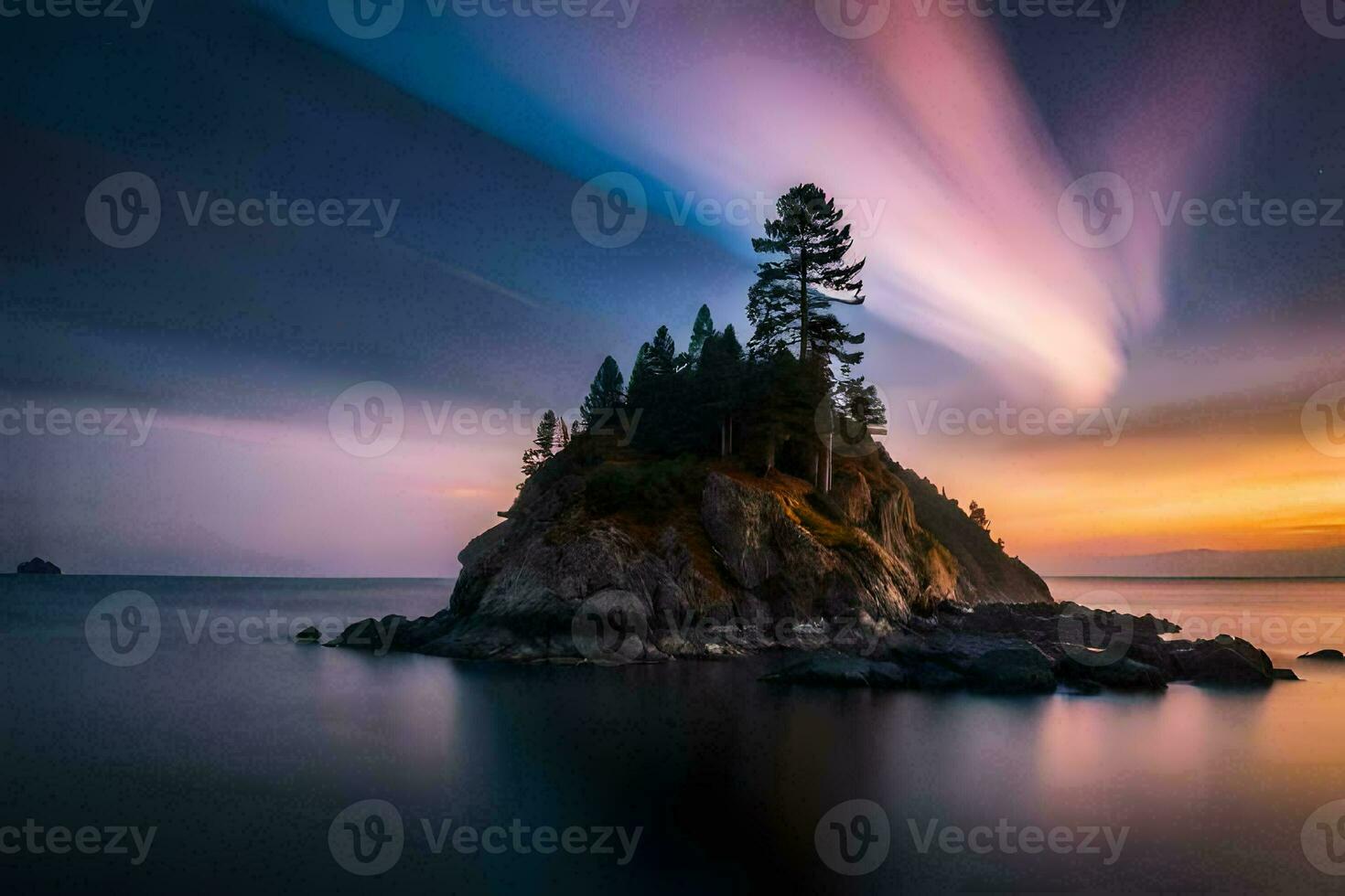 un' piccolo isola nel il mezzo di il oceano con un' albero su superiore. ai-generato foto
