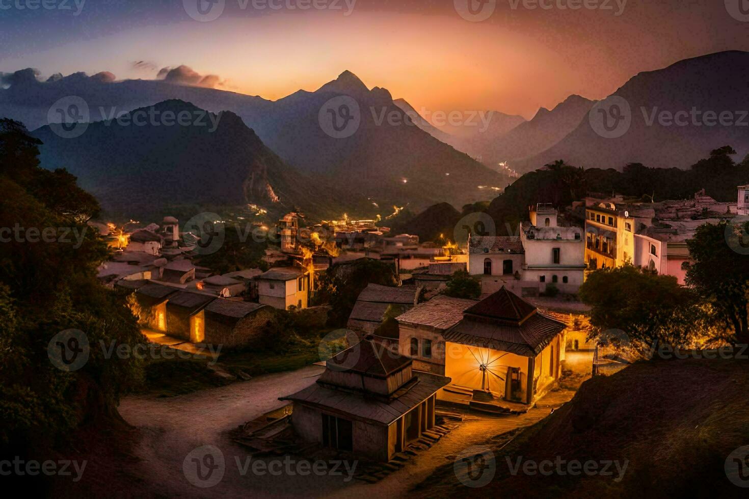 un' villaggio nel il montagne a crepuscolo. ai-generato foto