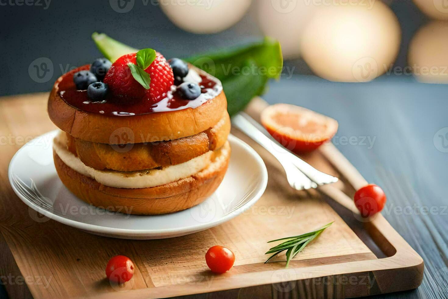 un' pila di Pancakes con frutti di bosco e crema. ai-generato foto