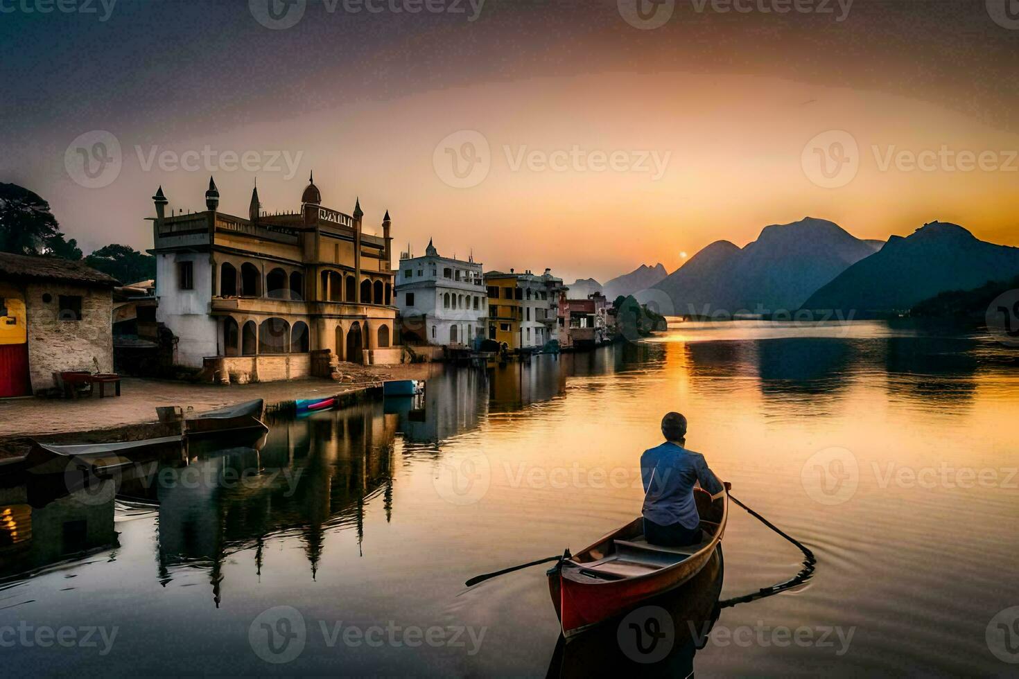 un' uomo nel un' barca su il acqua a tramonto. ai-generato foto