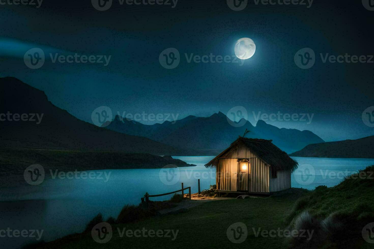 il Luna al di sopra di il cabina nel il montagne. ai-generato foto