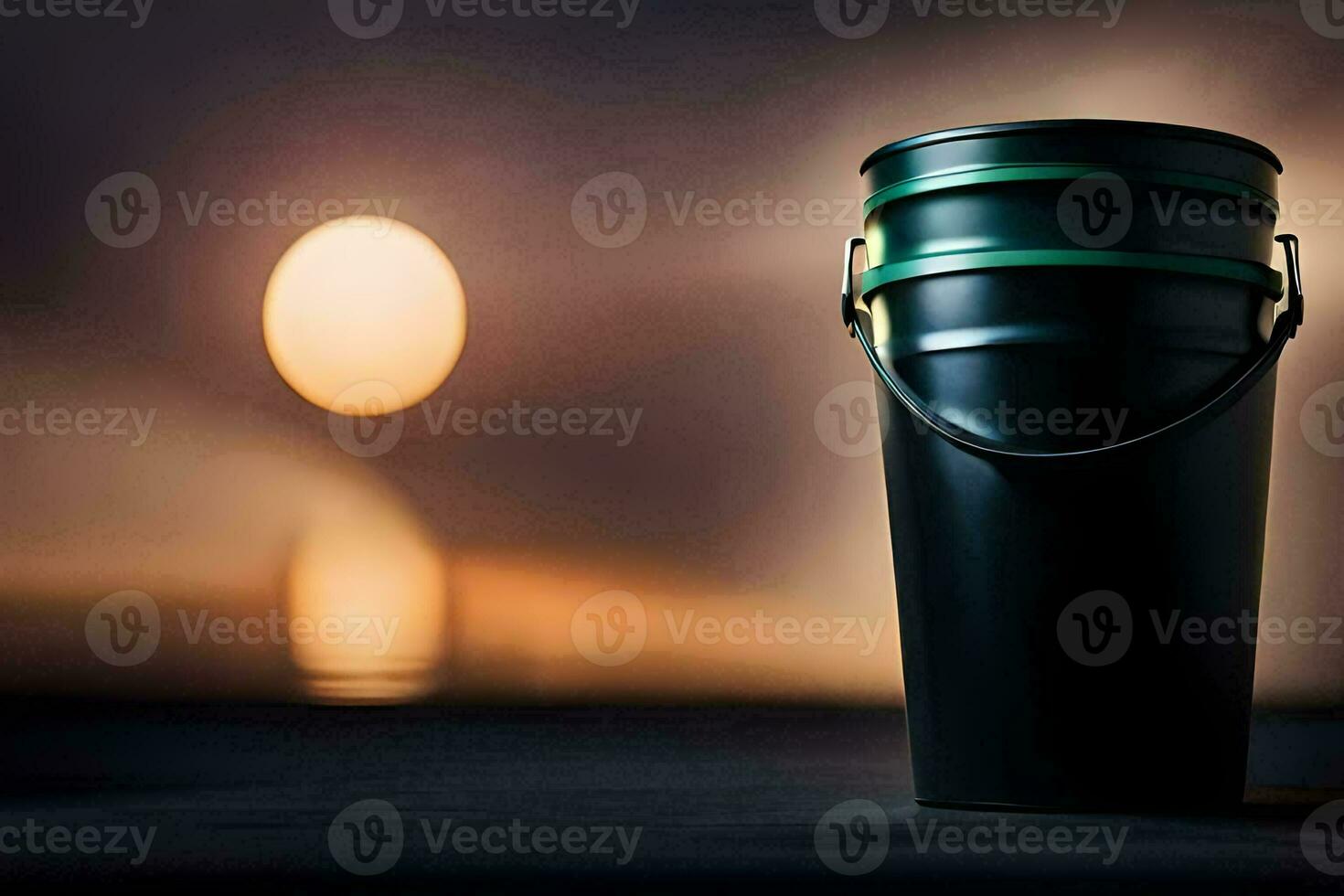 un' nero secchio seduta su un' tavolo nel davanti di un' tramonto. ai-generato foto