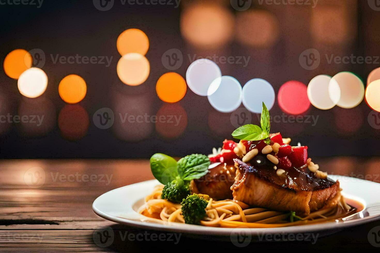 un' piatto di cibo con spaghetti e carne su un' tavolo. ai-generato foto