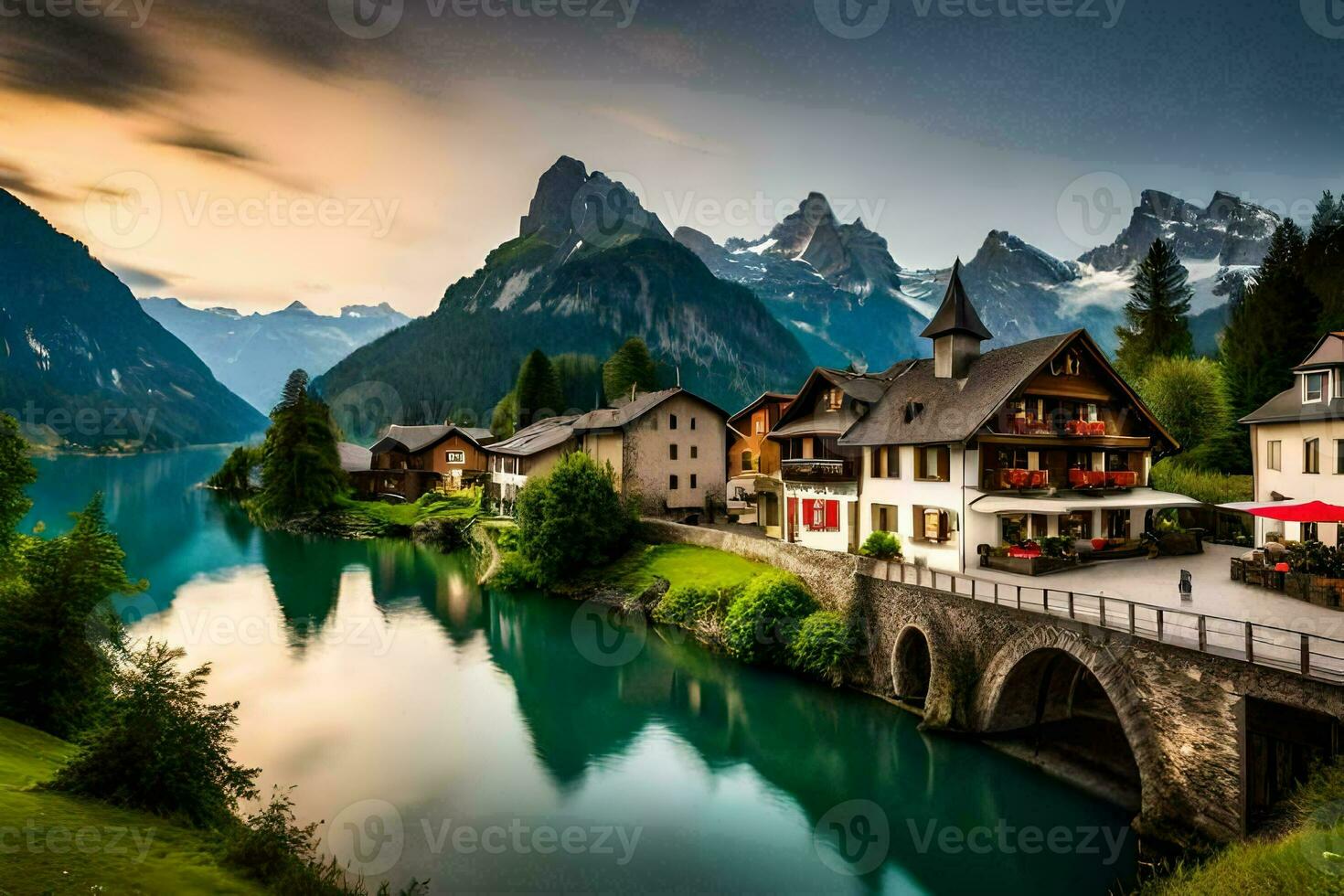 un' fiume e case nel il montagne. ai-generato foto