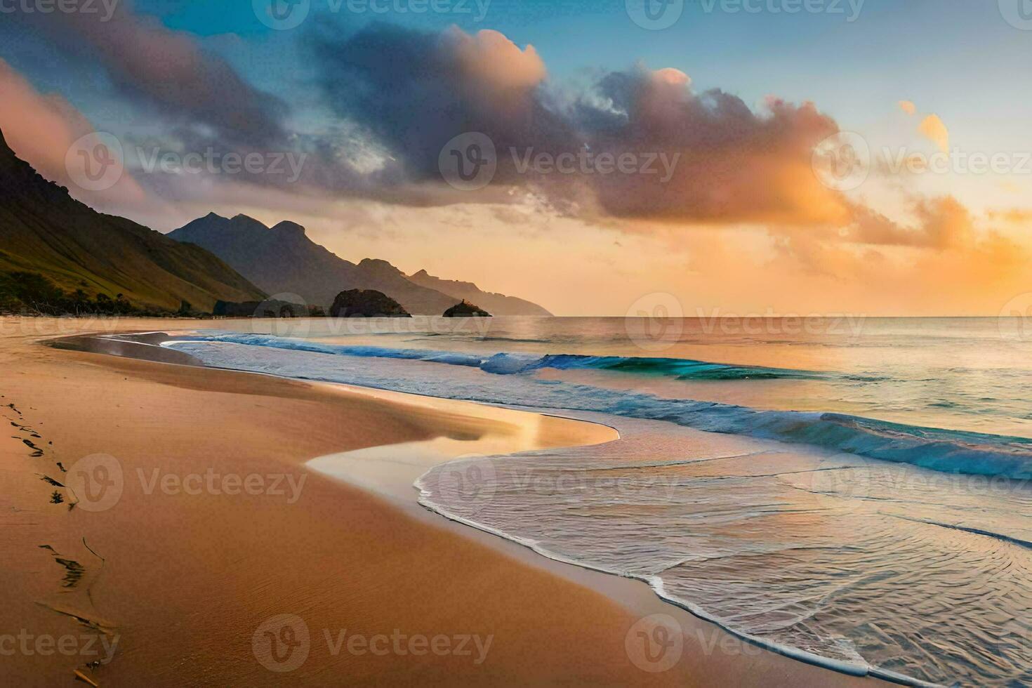 il spiaggia, il cielo, il oceano, il montagne, il mare, il cielo, il. ai-generato foto