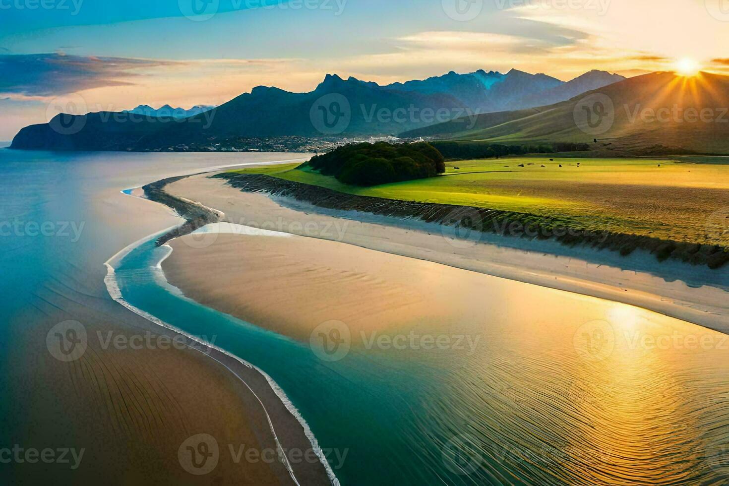 il sole imposta al di sopra di un' spiaggia e montagne. ai-generato foto