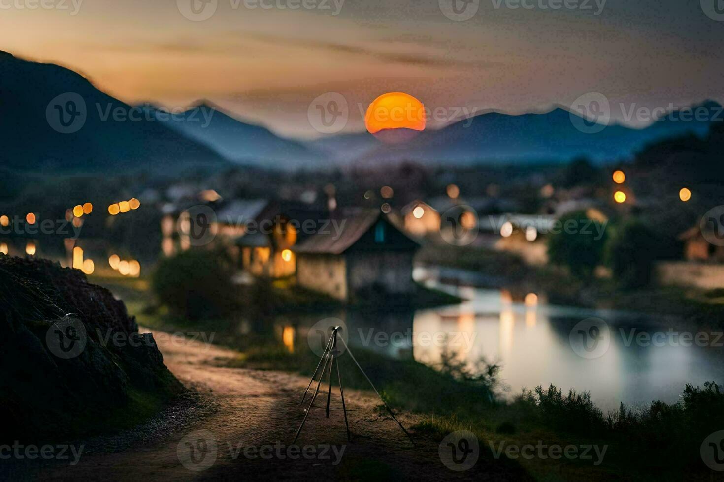 foto sfondo il cielo, il sole, il montagne, il fiume, il strada, il villaggio. ai-generato