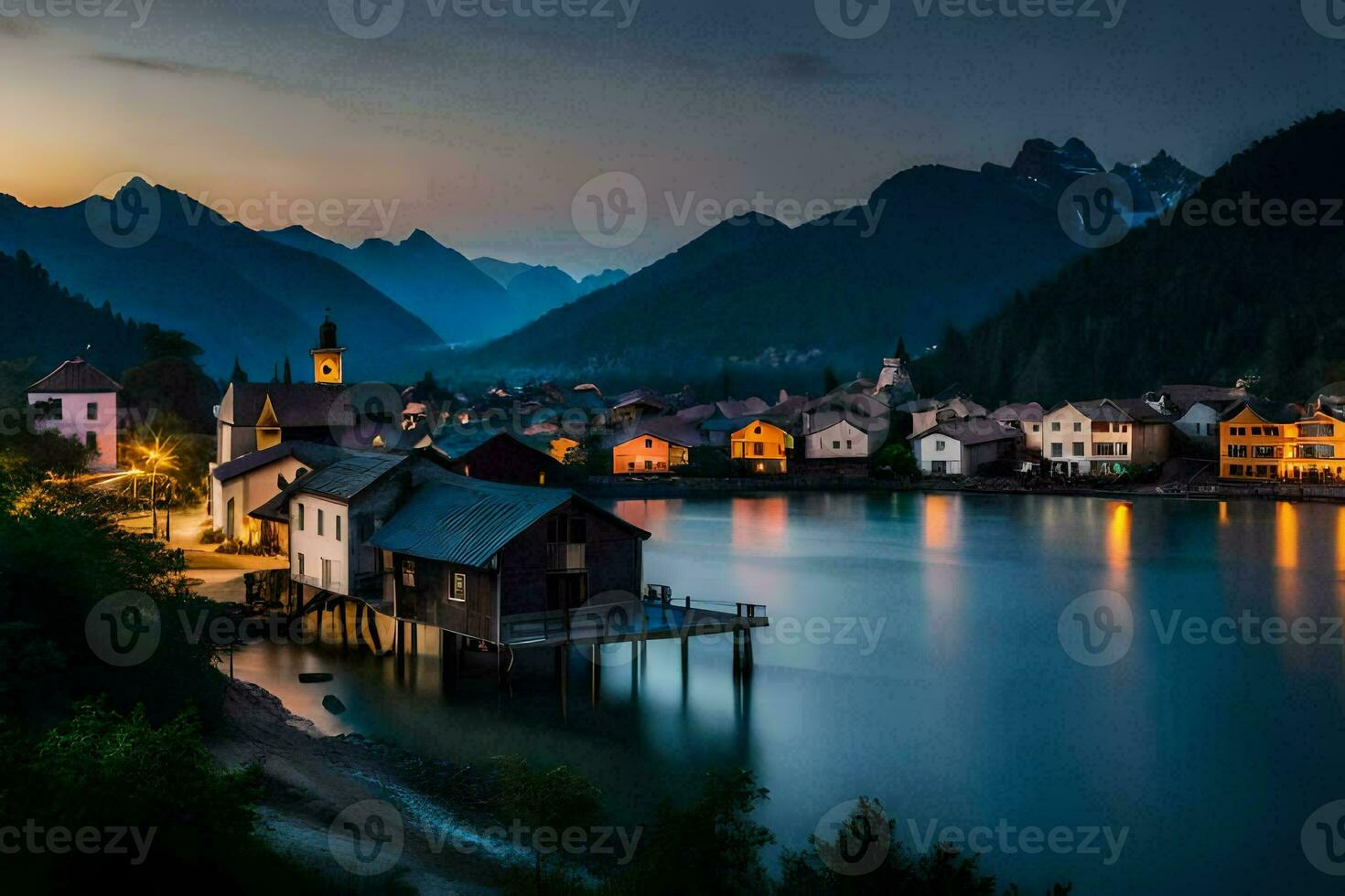 un' cittadina si siede su il riva di un' lago a crepuscolo. ai-generato foto