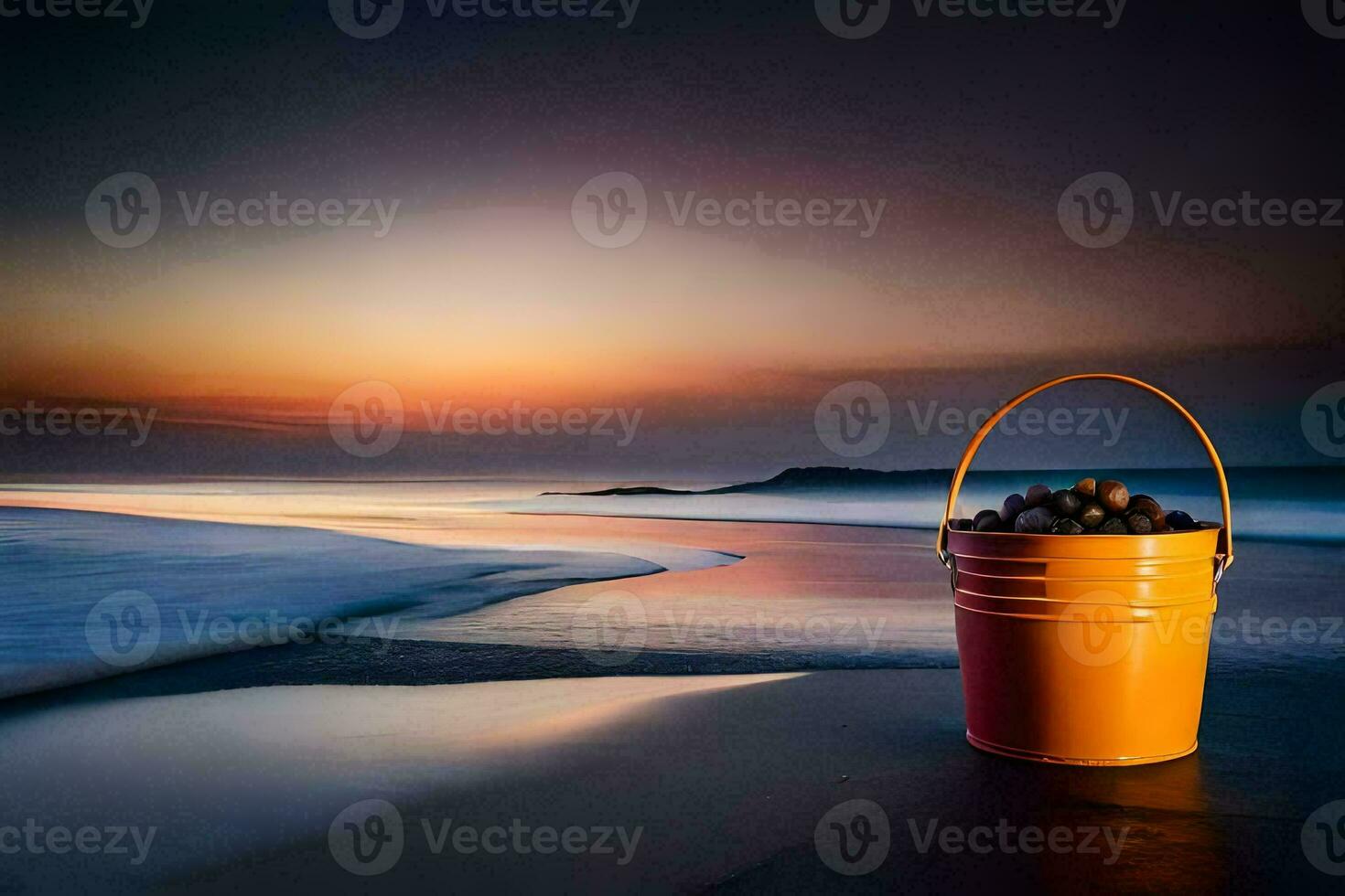 un' secchio di Ostriche su il spiaggia a tramonto. ai-generato foto