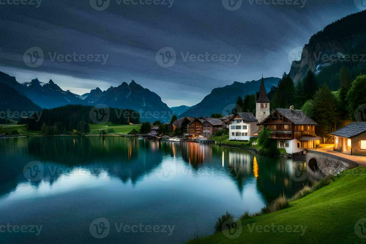 un' lago e montagna villaggio a notte. ai-generato foto