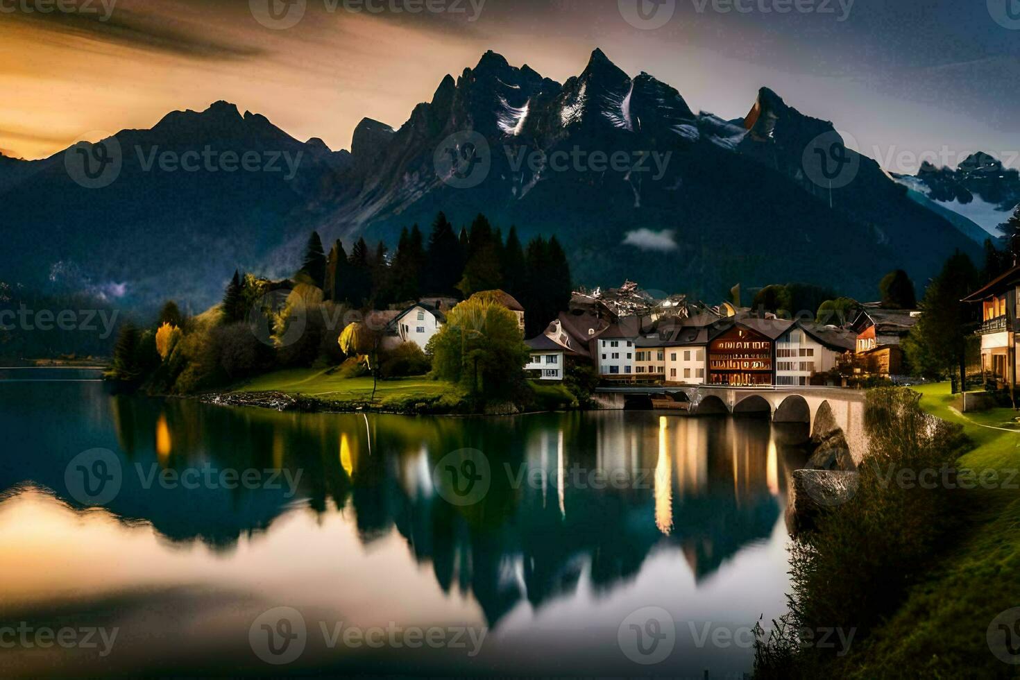 un' bellissimo tramonto al di sopra di un' lago e montagne. ai-generato foto