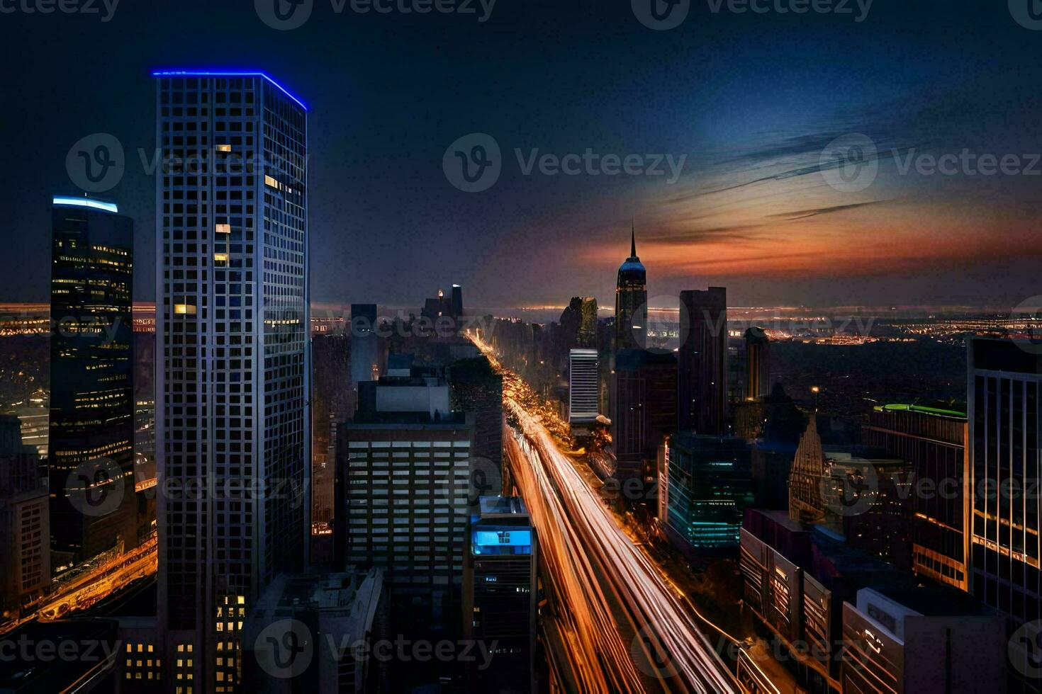 il città a notte con lungo esposizione. ai-generato foto