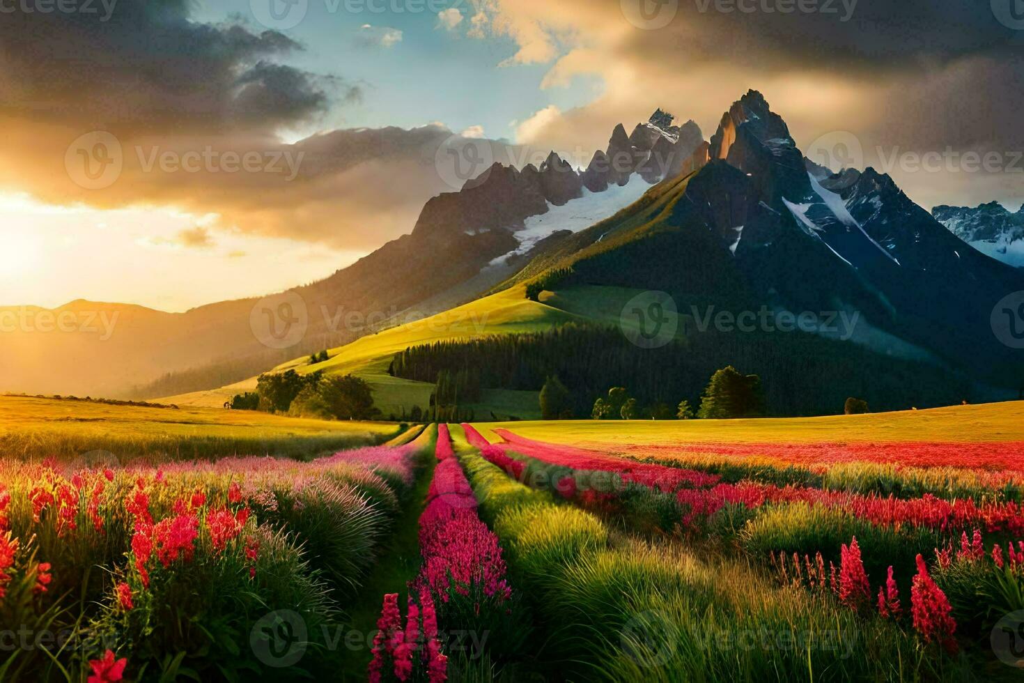 il sole sorge al di sopra di un' campo di fiori e montagne. ai-generato foto