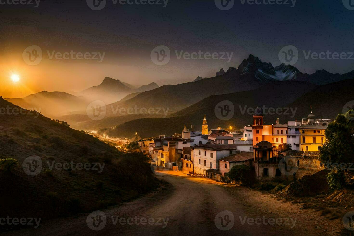 un' villaggio nel il montagne a tramonto. ai-generato foto