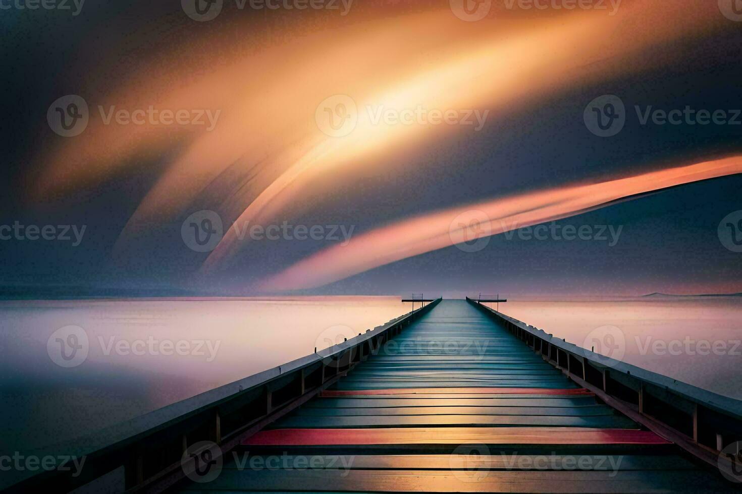 un' lungo molo con un' lungo ponte principale per il oceano. ai-generato foto
