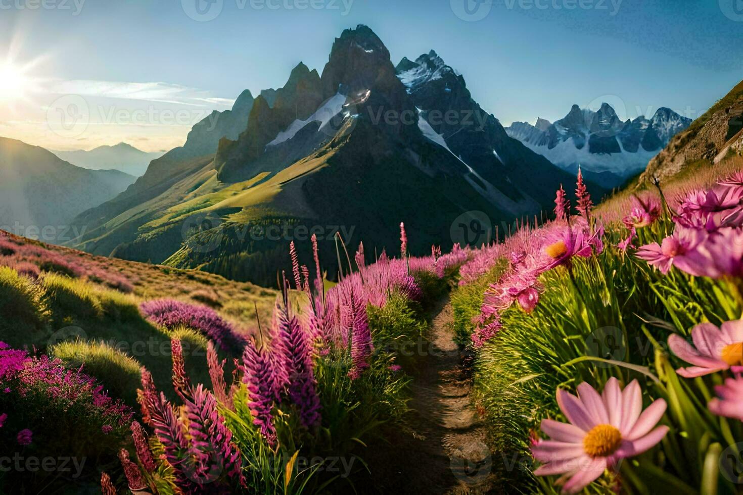 il sole brilla su il fiori nel il montagne. ai-generato foto