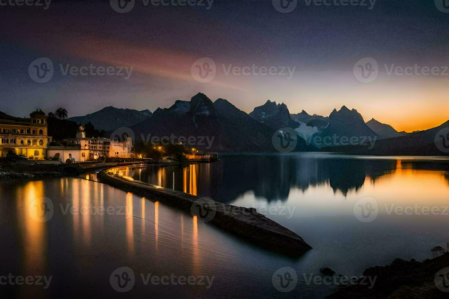 foto sfondo il cielo, montagne, lago, il città, il montagne, il città, il. ai-generato