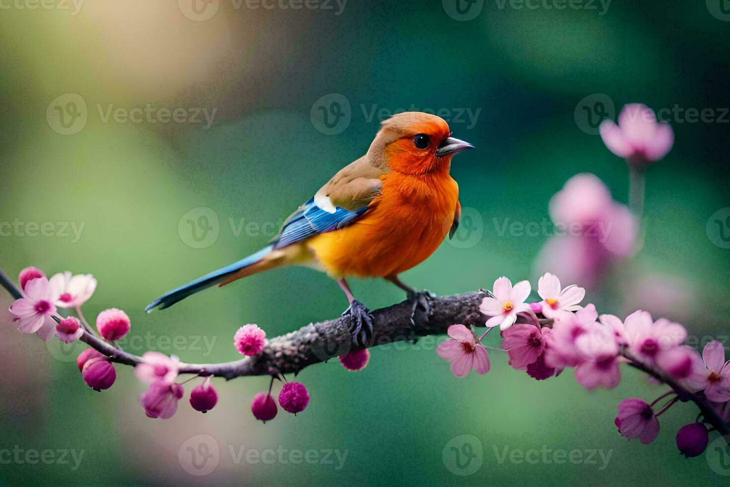 un' colorato uccello si siede su un' ramo con rosa fiori. ai-generato foto