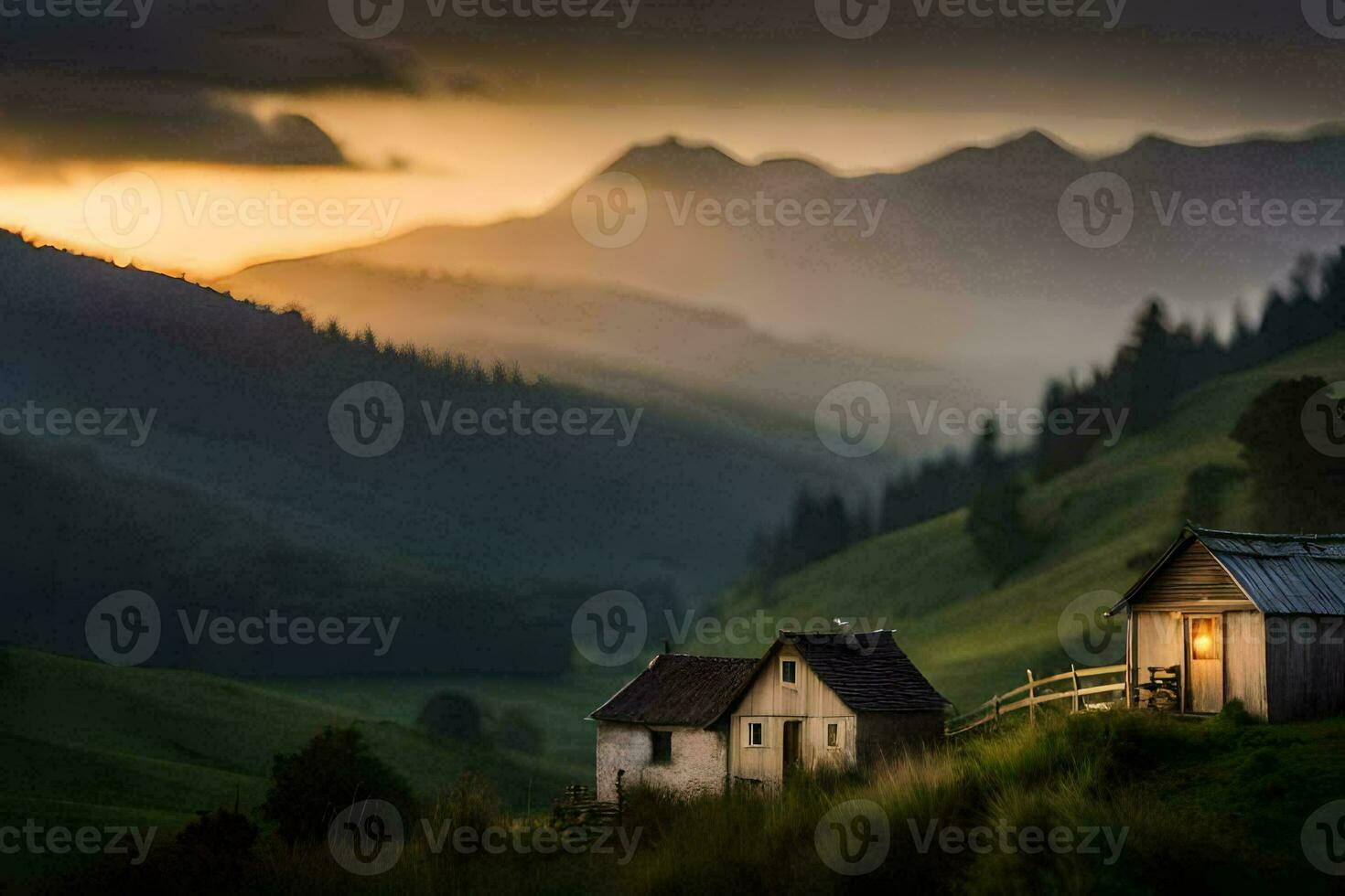 un' piccolo cabina nel il montagne a tramonto. ai-generato foto