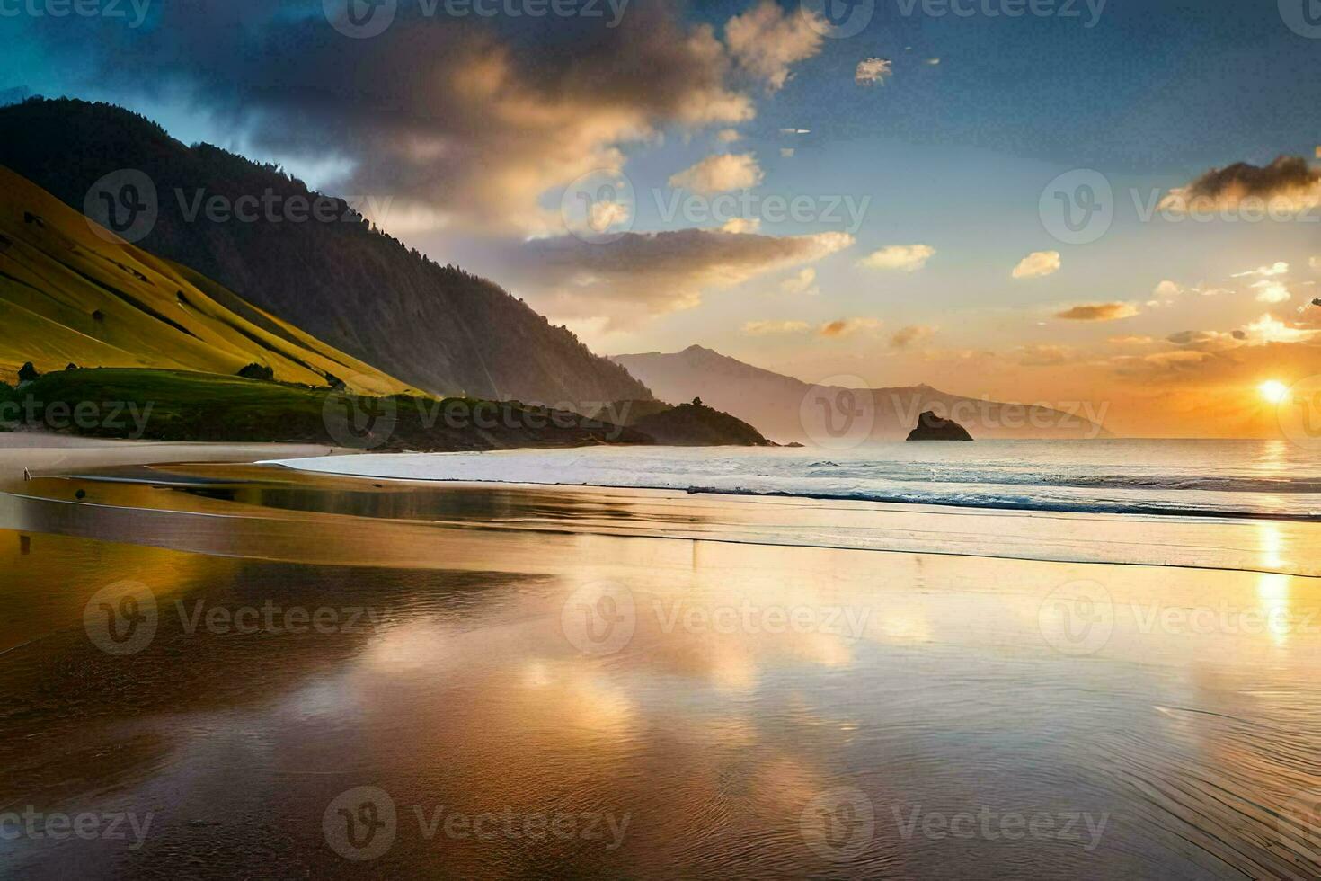 il sole imposta al di sopra di un' spiaggia e montagne. ai-generato foto