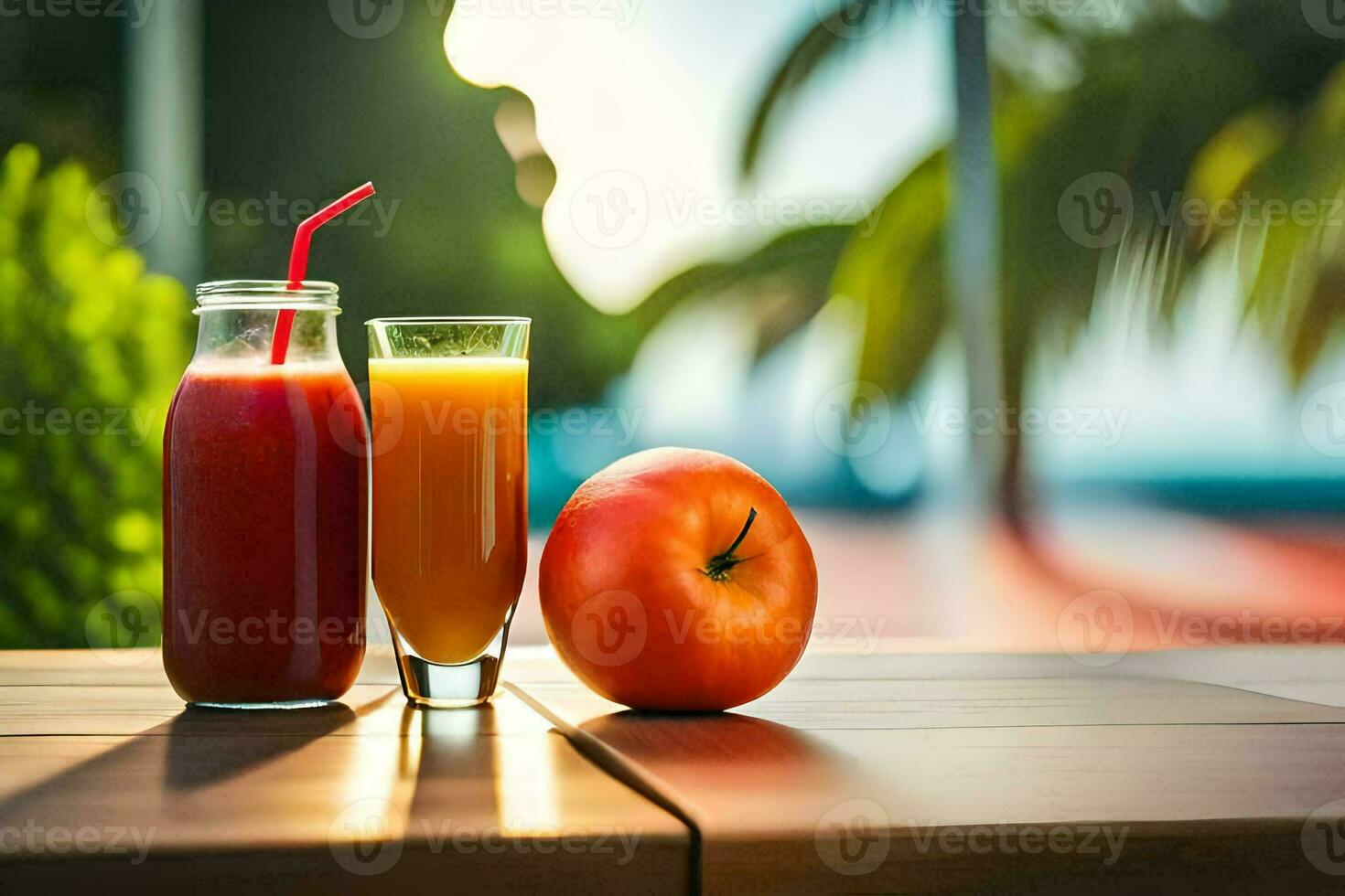 Due bicchieri di succo e un arancia su un' tavolo. ai-generato foto