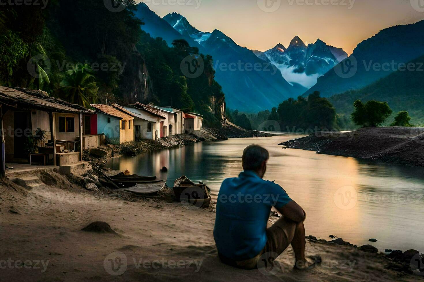 un' uomo seduta su il riva di un' fiume con case nel il sfondo. ai-generato foto