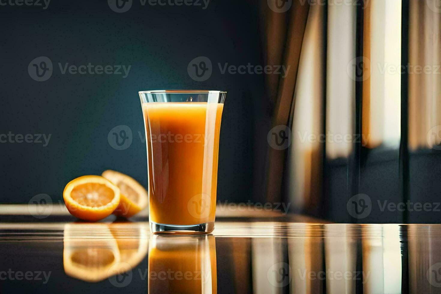 un arancia succo bicchiere si siede su un' tavolo Il prossimo per un' metà arancia. ai-generato foto