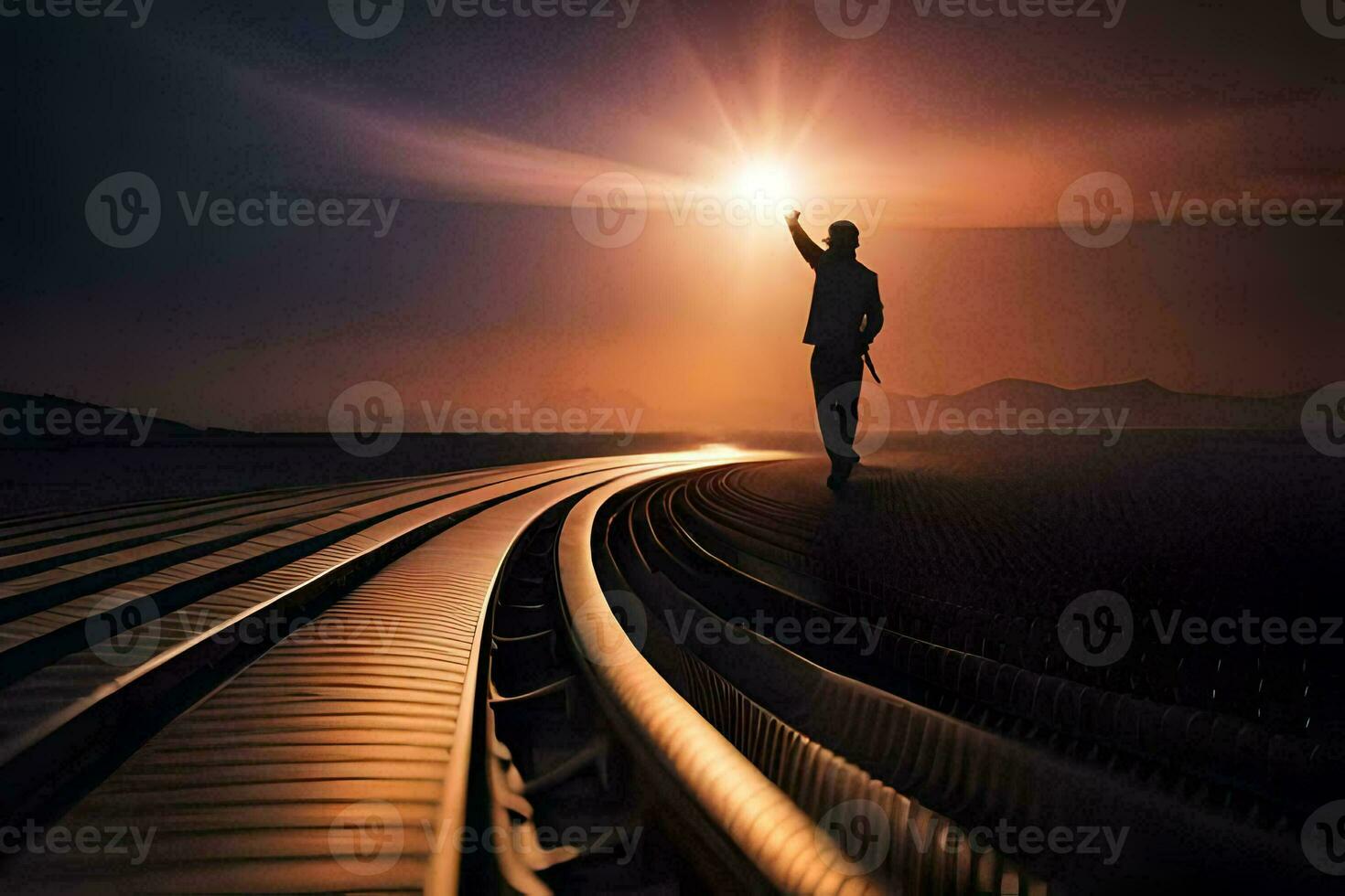 un' uomo in piedi su un' treno traccia con il sole nel il sfondo. ai-generato foto