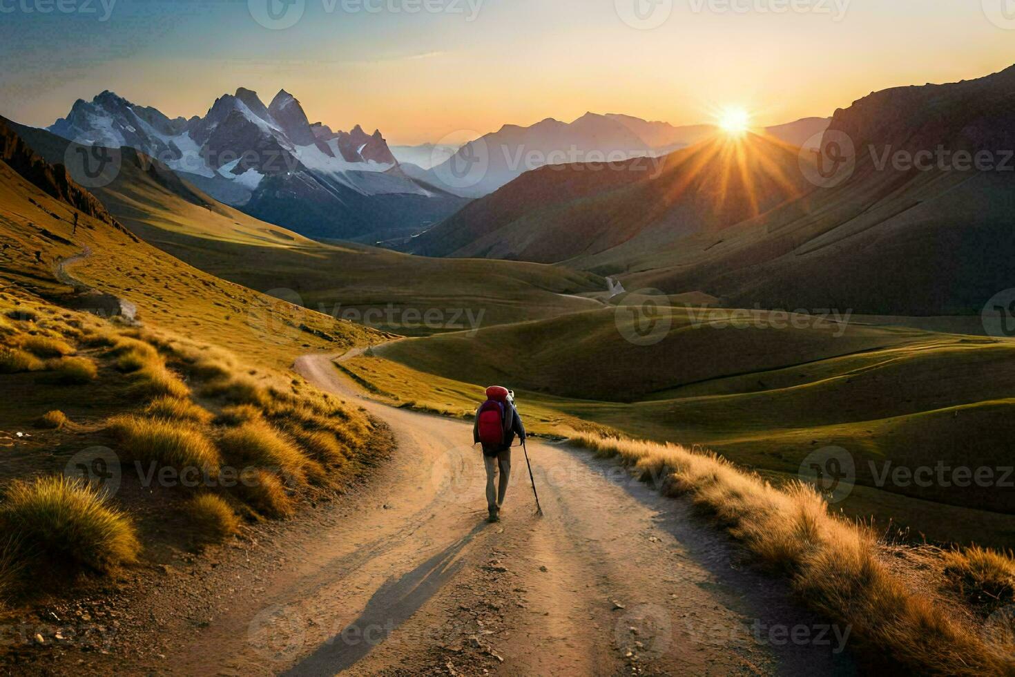 un' uomo passeggiate su un' sporco strada nel il montagne. ai-generato foto