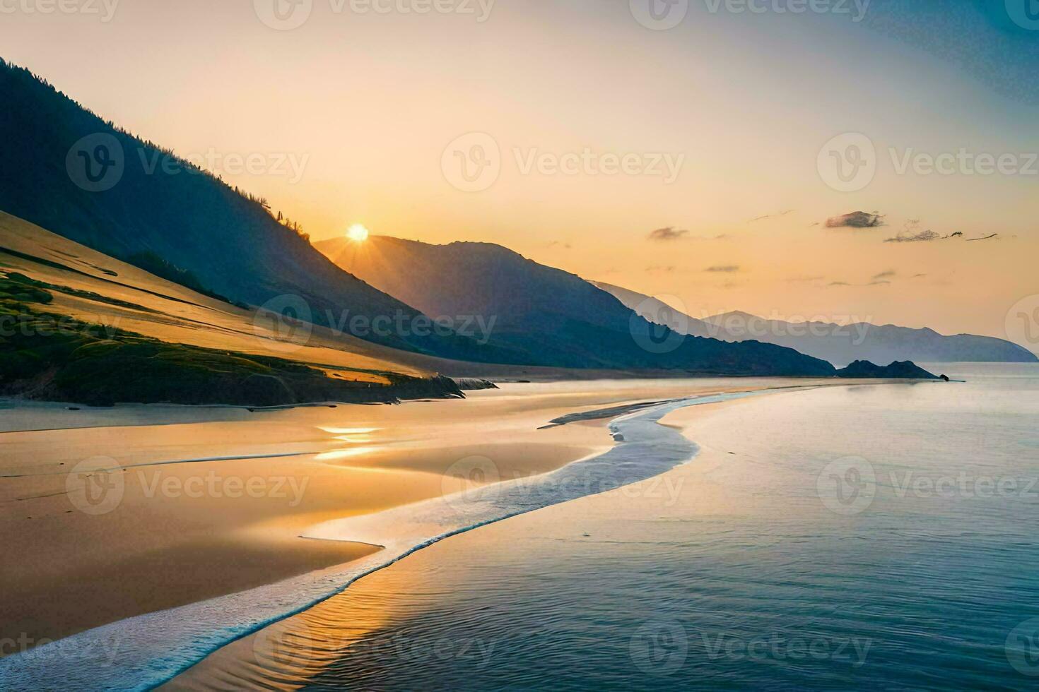 il sole imposta al di sopra di un' spiaggia e montagne. ai-generato foto