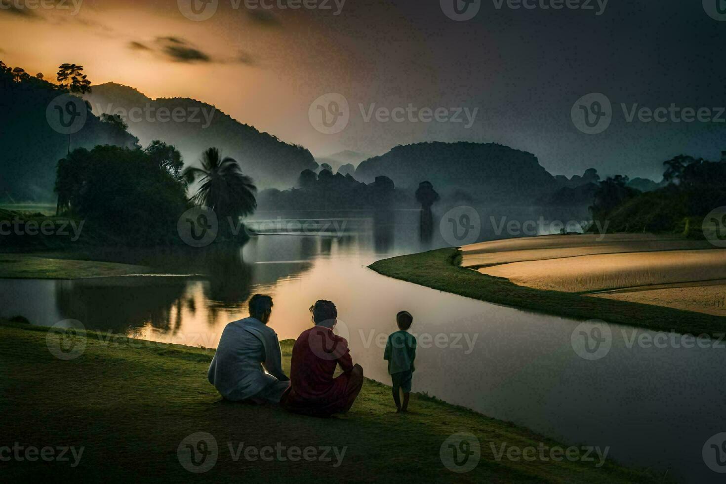 un' famiglia seduta su il erba di il fiume a tramonto. ai-generato foto