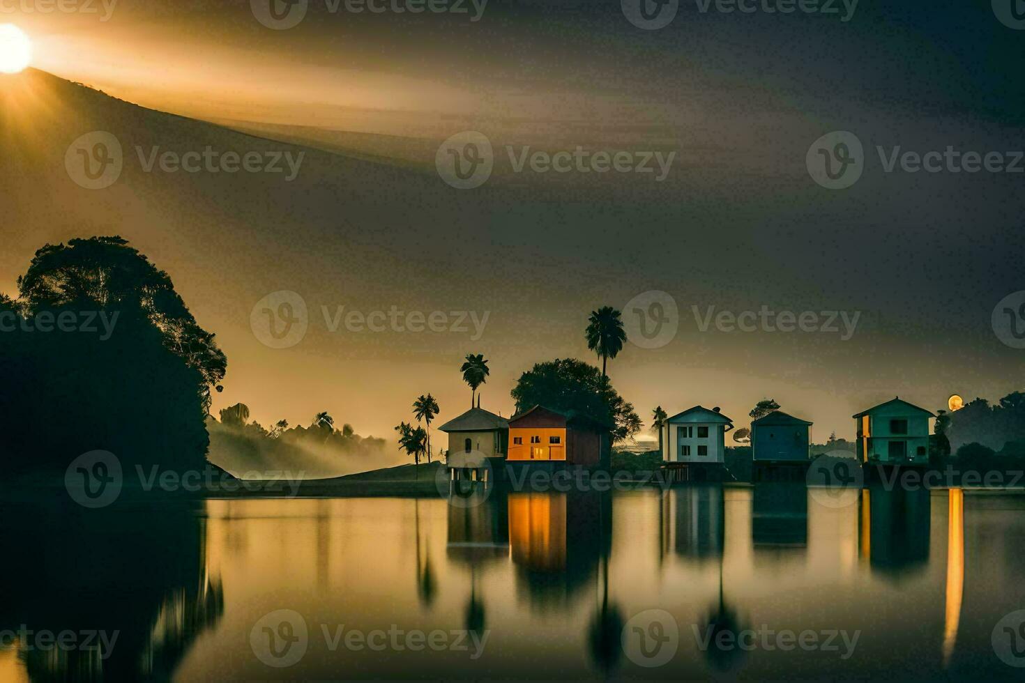 il sole sorge al di sopra di un' lago con case nel il sfondo. ai-generato foto