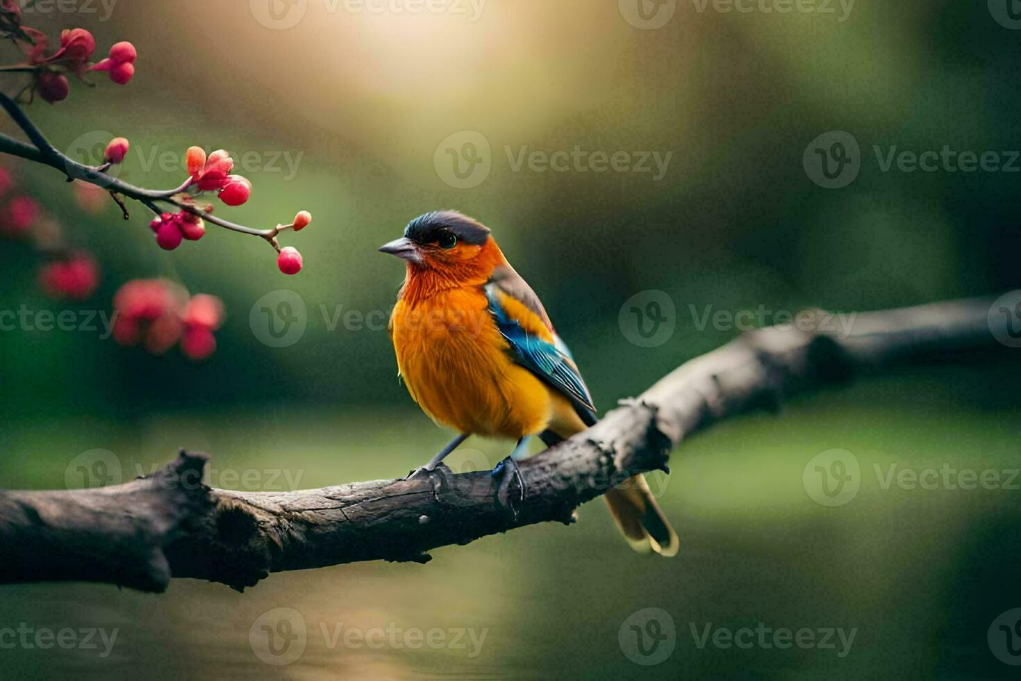un' colorato uccello si siede su un' ramo vicino un' fiume. ai-generato foto